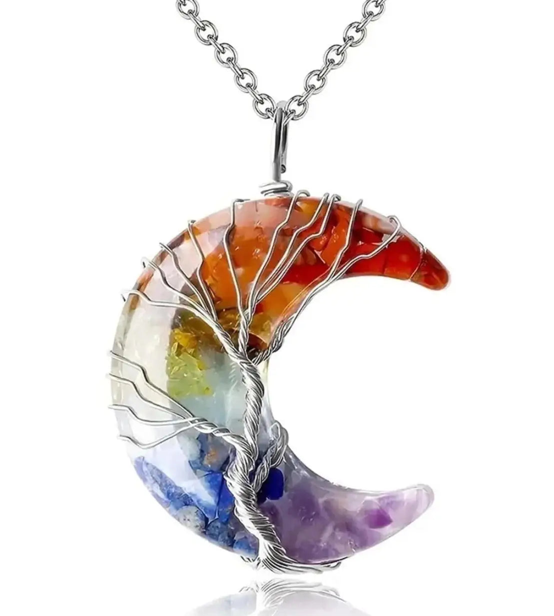 Necklace Surgical Steel Moon Colored Minerals Crystal