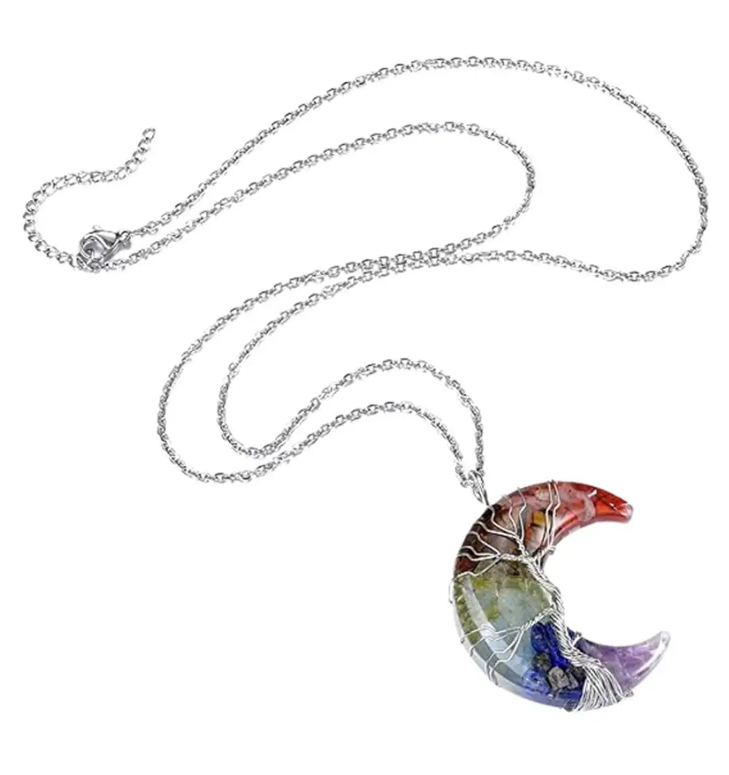 Necklace Surgical Steel Moon Colored Minerals Crystal