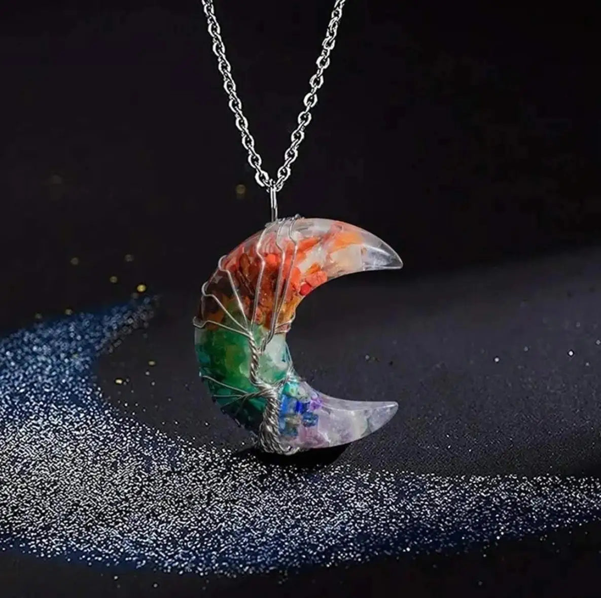 Necklace Surgical Steel Moon Colored Minerals Crystal