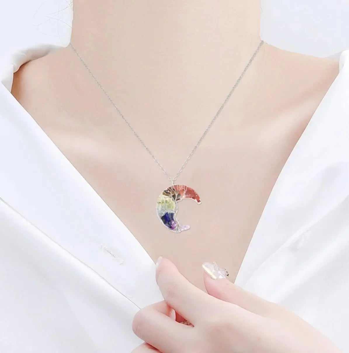 Necklace Surgical Steel Moon Colored Minerals Crystal