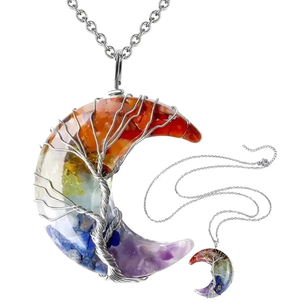Necklace Surgical Steel Moon Colored Minerals Crystal