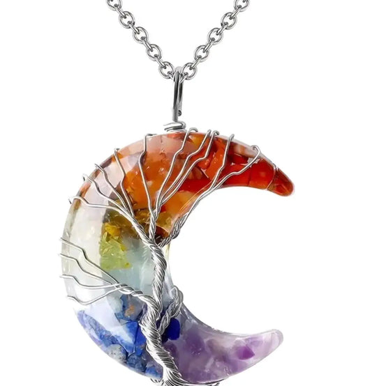 Necklace Surgical Steel Moon Colored Minerals Crystal